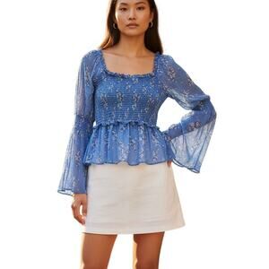 Asos Sky Blue Pattern Peplum Top Statement Sleeve Top, Blue, Size 10
